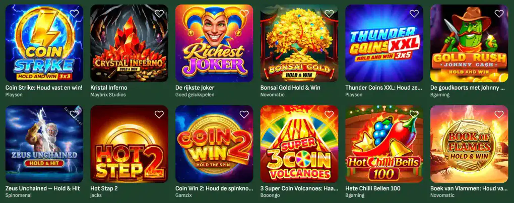 Overzicht van gokkasten bij Betsixty Casino met kleurrijke spellen zoals Coin Strike, Crystal Inferno en Richest Joker