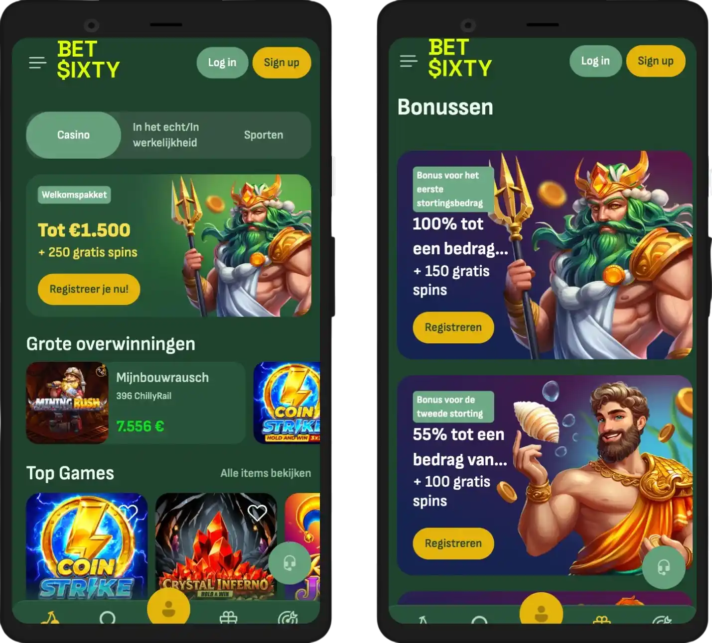 Mobiele website en casino app van BetSixty op smartphone